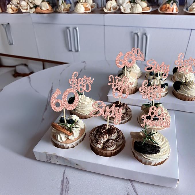 30Pcs 6th Birthday Cupcake Toppers Glitter Six Hello 6 Cupcake Picks Cheers to 6 Years Old Cake Decorations for 6th Birthday Party Supplies Rose Gold