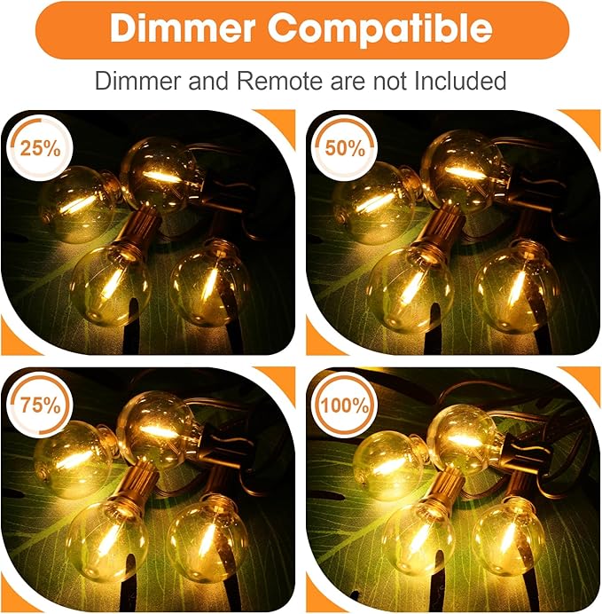 50 Pack G40 LED Replacement Bulbs for Outdoor String Lights, Dimmable, Warm White, E12 Screw Base, Waterproof LED Globe Bulbs Light for Indoor Outdoor Patio Cafe Decor