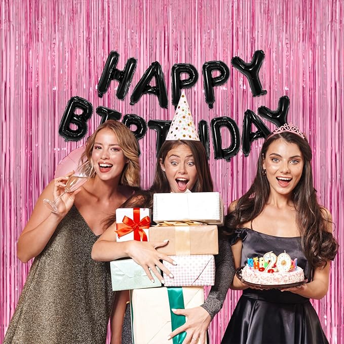 Pink Streamers - Thicken 4 Pack 3.2 x 8.2 FT - Pink Tinsel Foil Fringe Curtains, Photo Booth Props Backdrops for Birthday, Bachelorette, Graduation, Baby Shower Party Decorations