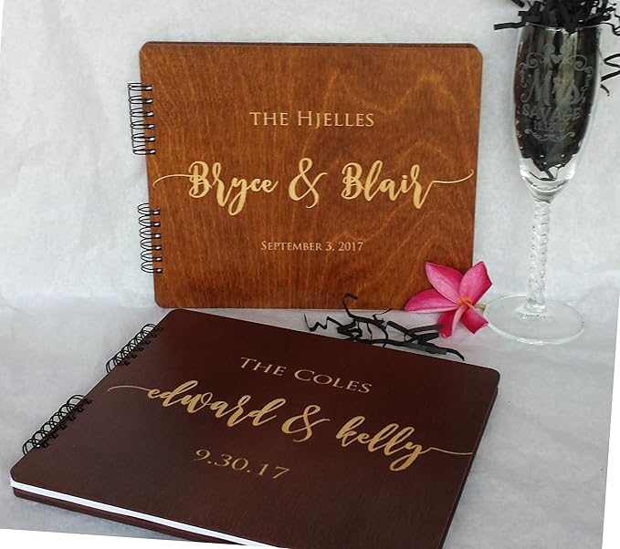 Wooden Wedding Guest Book Personalized (11"x8.5", Mahogany Stain) Wood for Bride and Groom Vintage Alternative Anniversary Bridal Party Guest Album Photo Booth Guestbook Made in USA