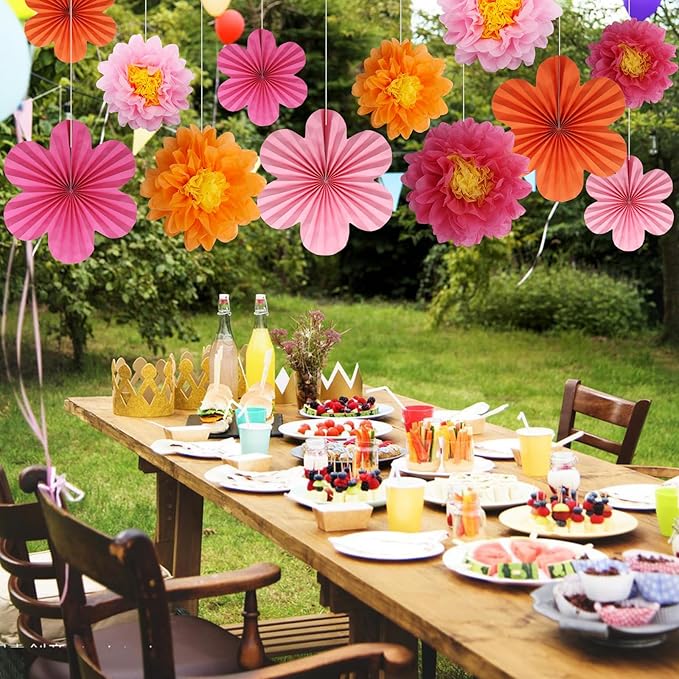 12PCS Paper Flowers Fans Orange and Hot Pink Party Decorations Tissue Paper Flowers Decorations for Girl Groovy Birthday Baby Shower Wedding Bachelorette Room Wall Hanging Décor