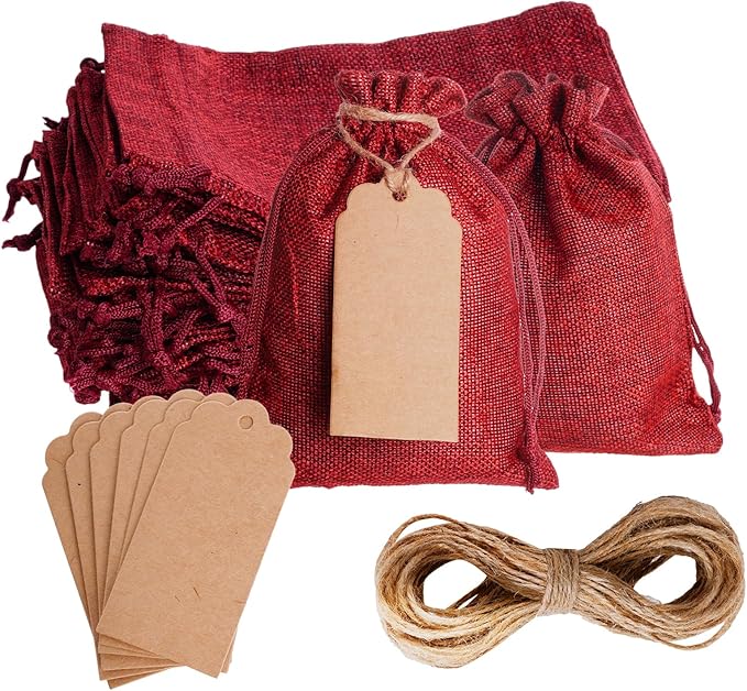 Yymobt 25PCS Burlap Bags with Drawstring, Reusable Burlap Favor Bag 5x7’’ Small Party Sacks for DIY Craft, Party, Christmas, Wedding, Festival Presents Bulk Bags（Red）