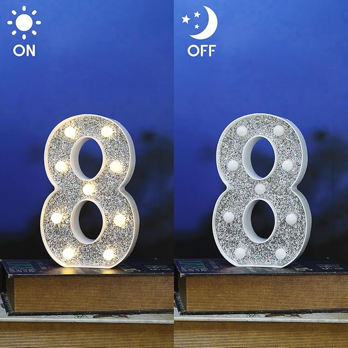 Glitter Light Up Signs, Marquee Light Letters for Table Decorations, Featuring Alphabet & Number Lighted Letters, Number 8 for Prom, Events, or Engagement Party Decor
