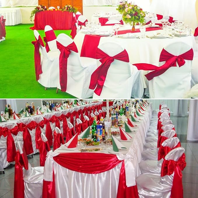 50 PCS Satin Chair Sashes Bows Decorative Universal Chair Cover Chair Ribbon Bows Ties Back Sash for Wedding Party Ceremony Reception Hotel Event Banquet Restaurant Home Kitchen Decor(7 x108inch,Red)