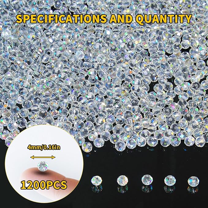 1200Pcs 4mm Crystal Glass Beads for Jewelry Making Beads for Bracelets Necklace Pendants Making Supplies(White AB Color)