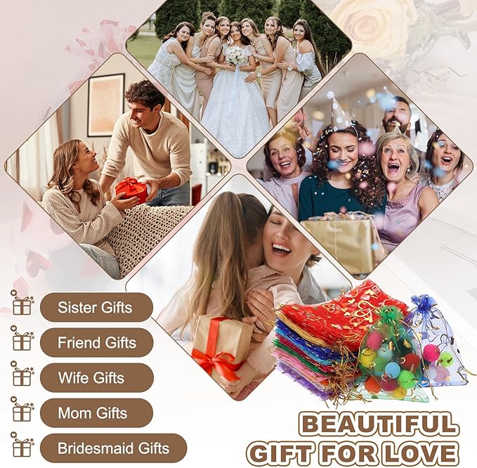 PATIKIL 100 Pcs 5x7 Inch Heart Printed Organza Bags, Orange Sheer Heart Organza Bags with Drawstring for Christmas Candy Jewelry Party Wedding Favor Gift