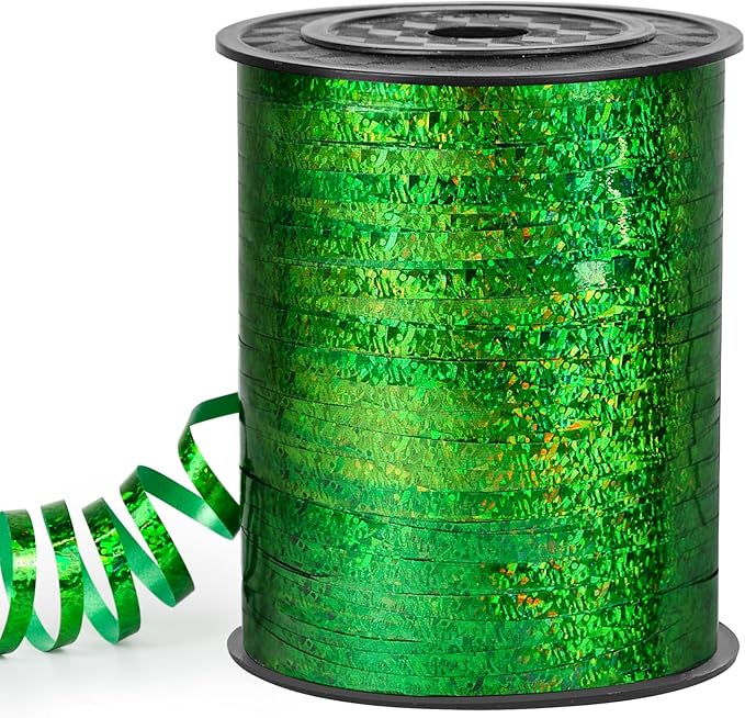 Green Curling Ribbon 500 Yard, Shiny Metallic for Gift Wrapping, Balloon String, 3/16" Thin Gift Ribbon for Florist Flower