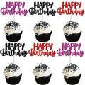 Gyufise 24Pcs Happy Birthday Cupcake Toppers Glitter Birthday Cupcake Food Picks for Celebrating Happy Halloween Theme Party Cake Decorations Supplies Black Purple Red