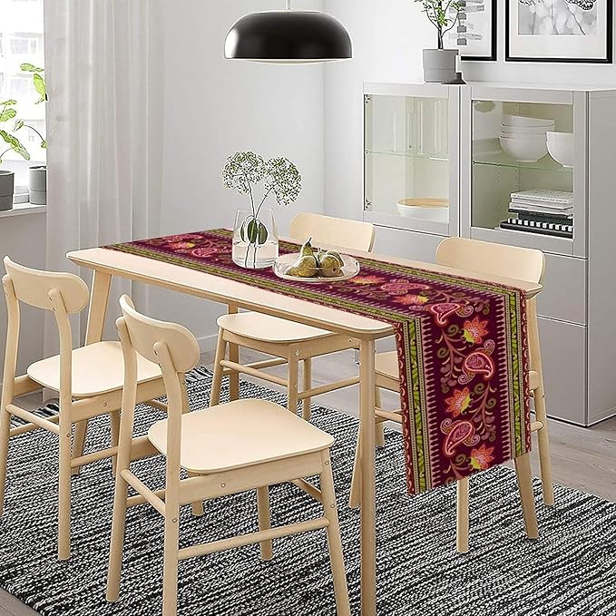 Dark Red Paisley Table Runner, Vintage Boho Paisley Flowers Geometric Print Table Cover for Farmhouse Wedding Party Home Kitchen Dining Table, 13x70inch