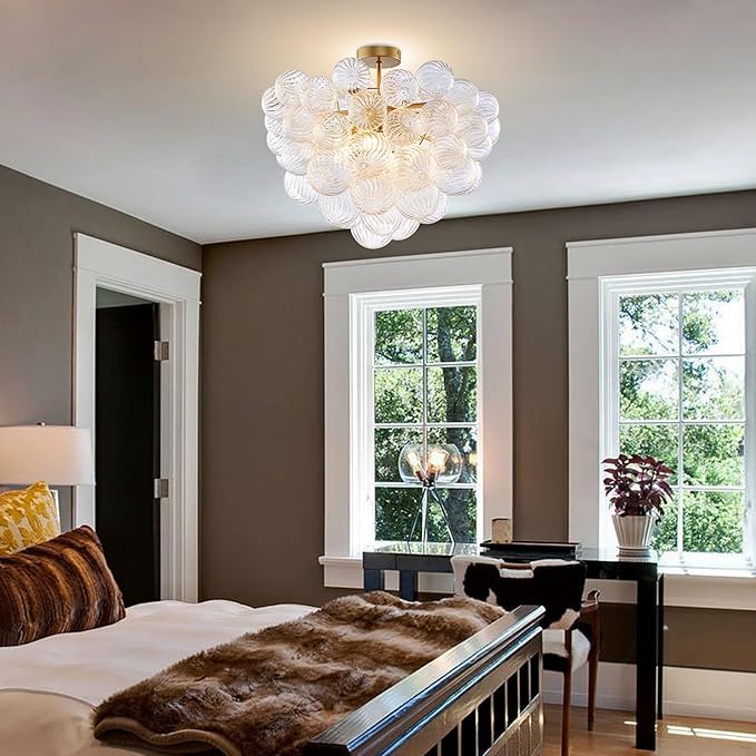 Bubble Ball Semi Flush Mounting Ceiling Light Fixtures, Dia 20 inch Gold and Clear Blown Glass Small Swirled Glass Chandelier for Bedroom Study Bathroom Dining Room