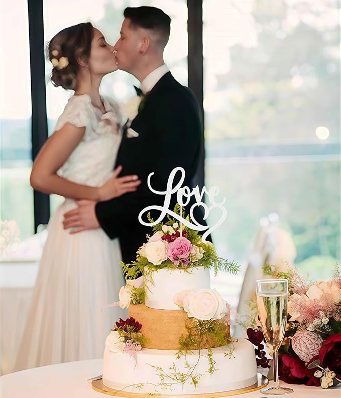 Love Cake Topper - Silver Glitter Paper Wedding Cake Decoration Supplies, Perfect for Bridal Shower/Engagement/Anniversary/Birthday Party