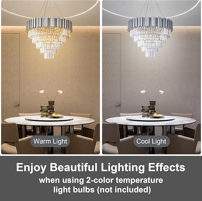 Modern Crystal Chandelier, 27.5" Silver Chandelier for Dining Room, 9-Light Luxury Round Chandeliers, 5-Tier Contemporary Light Fixture for Living Room, Bedroom, Foyer, Entryway