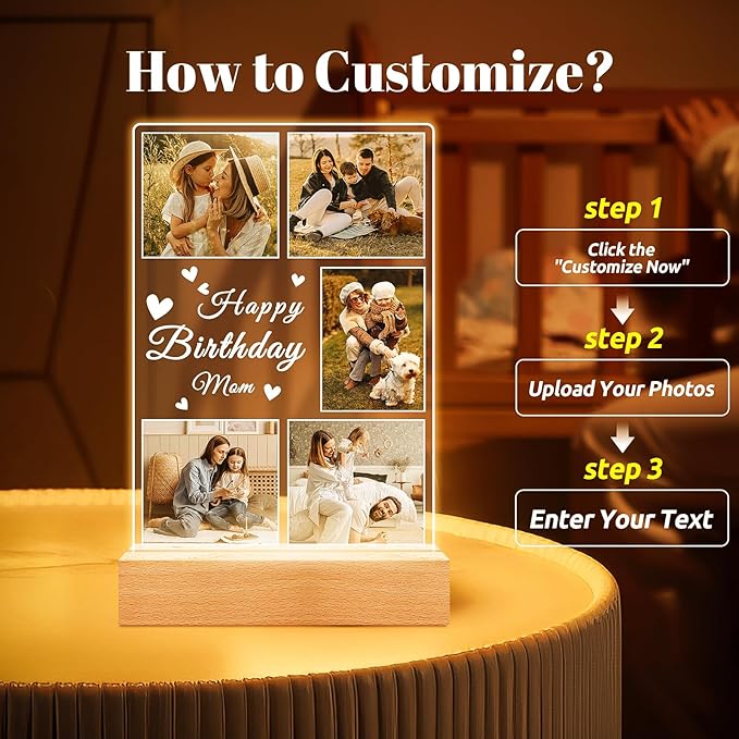 Personalized Birthday Gifts for Mom from Daughter Son, Custom Collage Picture Frames with Night Light, Customized Acrylic Plaque Photo Frame, Personalized Photo Gifts for Mom, Baby, Kids, Family