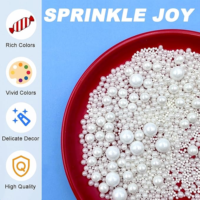 Sprinkles for Cake Decorating, 11Oz White Pearl Sprinkles 6 Sizes Mix for Cake Cupcake Ice Cream Donuts Cookie Baking Toppings