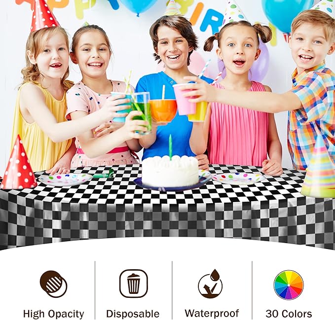 Party Solids Pack Of 12 - Premium Plastic Tablecloth 84 Inch Round Table Cover - Checkered