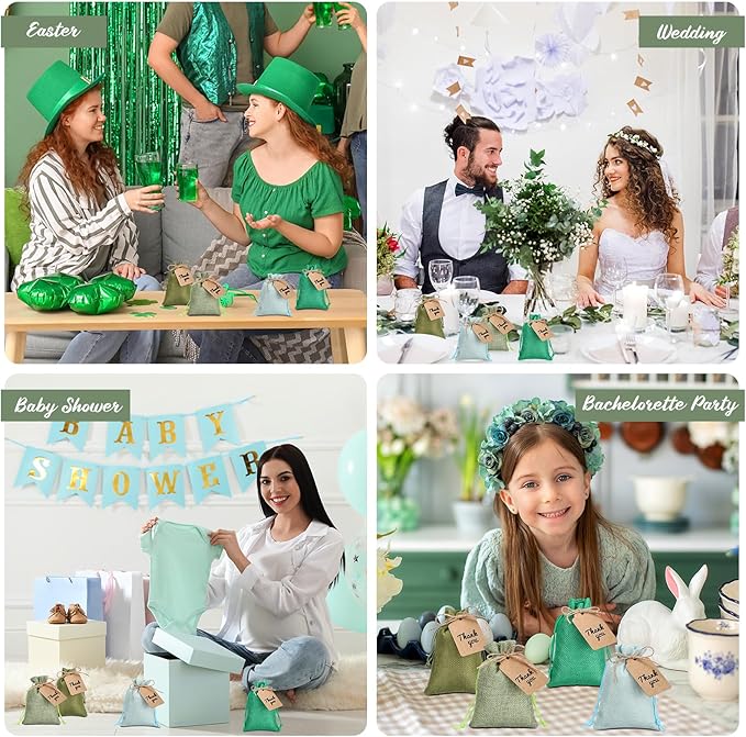 Woanger 100 Pcs Burlap Gift Bags with 100 Pcs Kraft Paper Gift Tags Drawstring Favor Bulk Burlap Sack Bags for DIY Wedding Party Craft(4 x 6 Inch,Mint, Grass, Army, Dark Green)