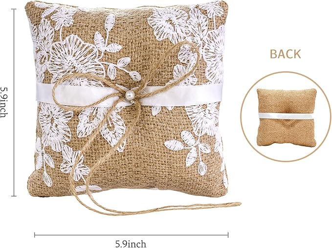 Ring Bearer Pillows Lace Bow Flower for Fall Wedding Ceremony with Vintage Rustic Lace Bow Pearl Embroidered Flower Ribbon (6 inch)