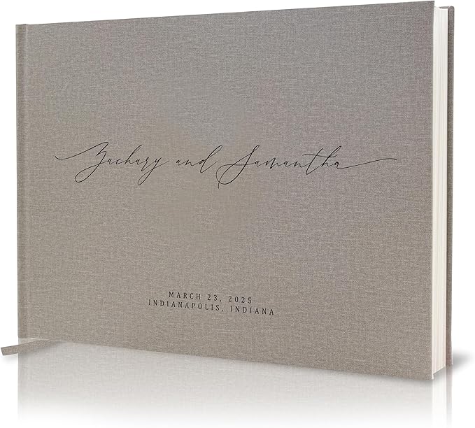 MUUJEE Personalized Guestbook in Gray - Premium Custom Modern Guest Book for Wedding Reception, Birthday Party or Events w/Bookmark Blank Pages for Signing 11.5 x 8.5 inches