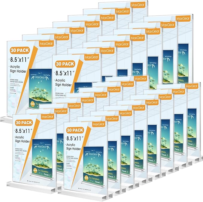 MaxGear Acrylic Sign Holder 8.5 X 11 Inches 30 Pack, Double Sided Plastic Display Stands Table Top Acrylic Frame, Clear Paper Holder Menu Flyer Stand for Stores, Restaurants, Hotels, Office