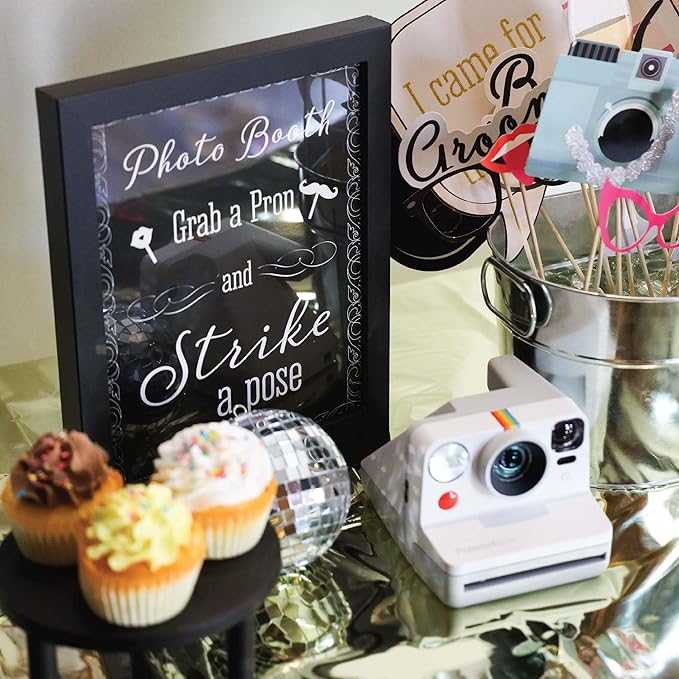 Wedding Photo Booth Props with 8 x 10-Inch Sign, 45 Adhesive Pads, 35 Wooden Sticks - Signs for Wedding Backdrop and Selfie Station