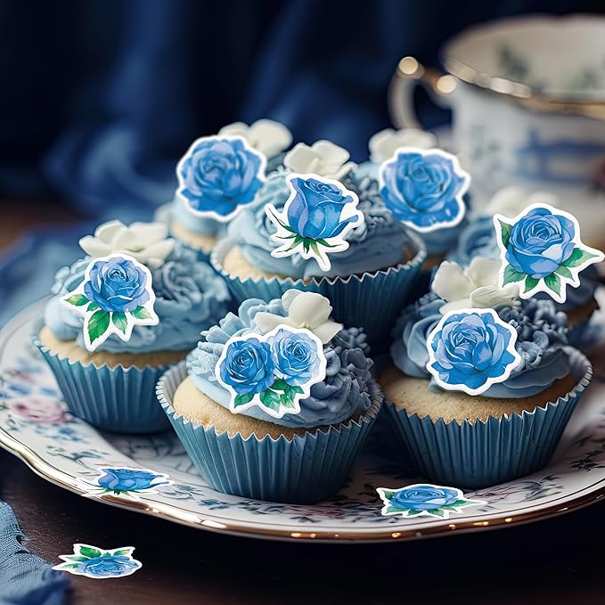 48PCS Edible Rose Flower Cupcake Toppers Wafer Paper Roses Decorations Flower Birthday Party Decorations Rose Cake Toppers for Wedding Engagement Birthday Party Cake Decor Supplies (Blue)