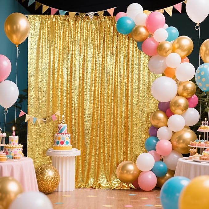 SquarePie Sequin Backdrop Less See Through Thick Background for Photography Glitter Curtain Party 8FT x 8FT Gold