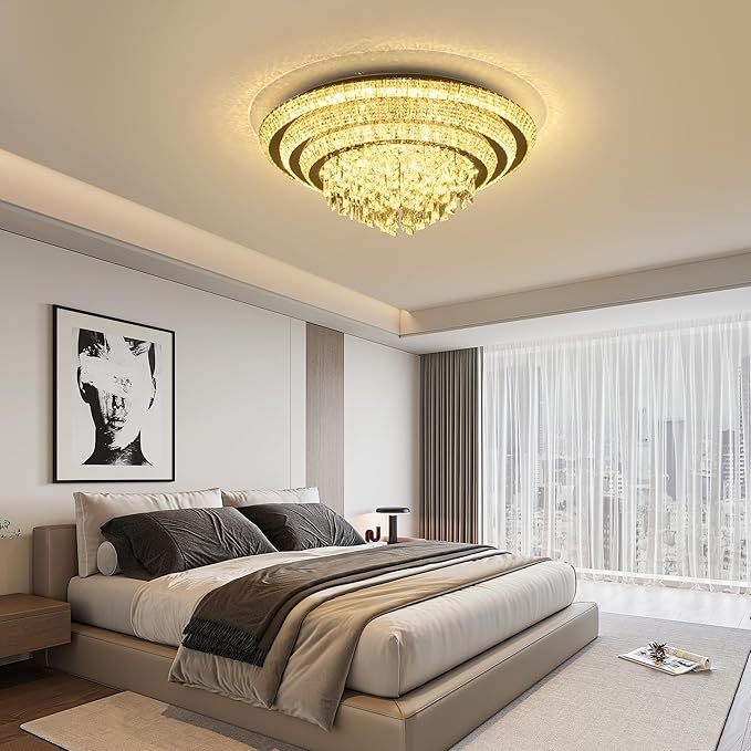 30 inch Crystal Silver Ceiling-Light Flush Mount with Remote Control and APP, 3CCT Dimmable & Brightness Adjustable, Modern Crystal Raindrop Chandeliers for Bedroom Hallway Dinning Room Living Room