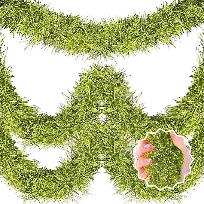 25 Feet Light Green Christmas Tinsel Garland, Metallic Foil Twist Banner Wall Hanging Tinsel Streamers Backdrop for Parade Floats, Christmas, Mother's Day, Birthday Party Decorations(4in x 25ft)