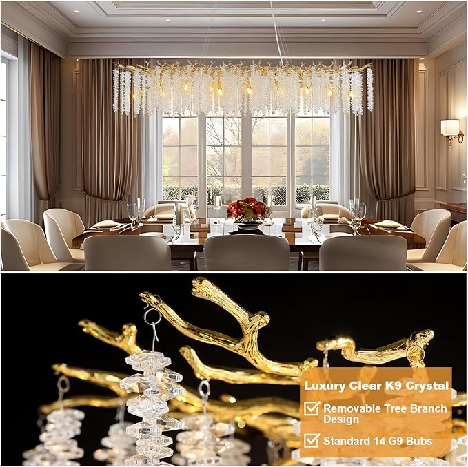 YUYI Gold Crystal Chandelier, Modern 60" Rectangular Chandeliers for Dining Room,K9 Large Luxury Flush Mount Chandelier for Foyer Living Room,Kitchen Island Hanging Light Fixture