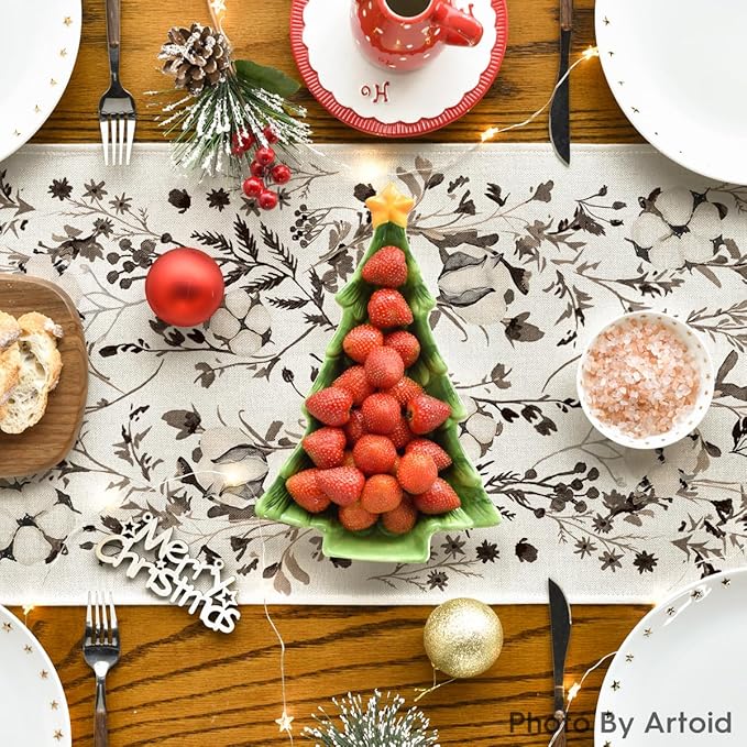 Artoid Mode Leaves and Flowers Cotton 210 GSM Winter Table Runner, Seasonal Christmas Kitchen Dining Table Decoration for Home Party Decor 13x120 Inch