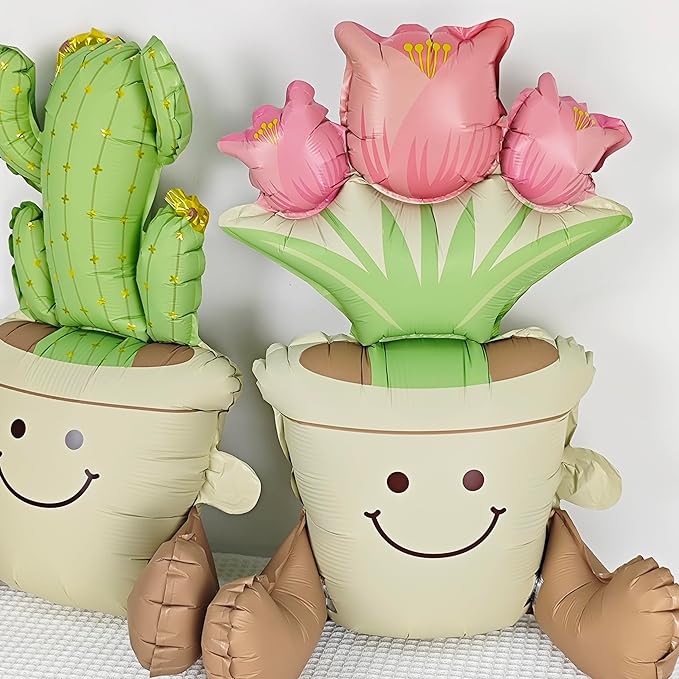 Matte cactus And Tulip potted Balloons Set 2PCS Floral Foil balloons for Cactus and Tulip Themed Party Decorations Fiesta Balloons Mexican Party Baby Shower Birthday Wedding Decorations