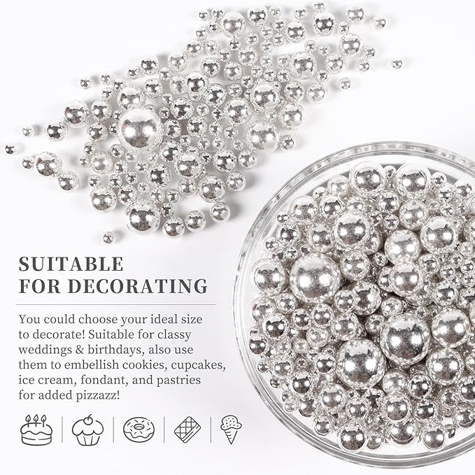 Pearls for Cake Decorating, Silver Pearl Sprinkles, Silver Metallic Sprinkles for Cake Decoration, Perfect for Cupcakes, Macaron, Cookies, Waffles, and Ice Cream Topping.120g(4.23oz)