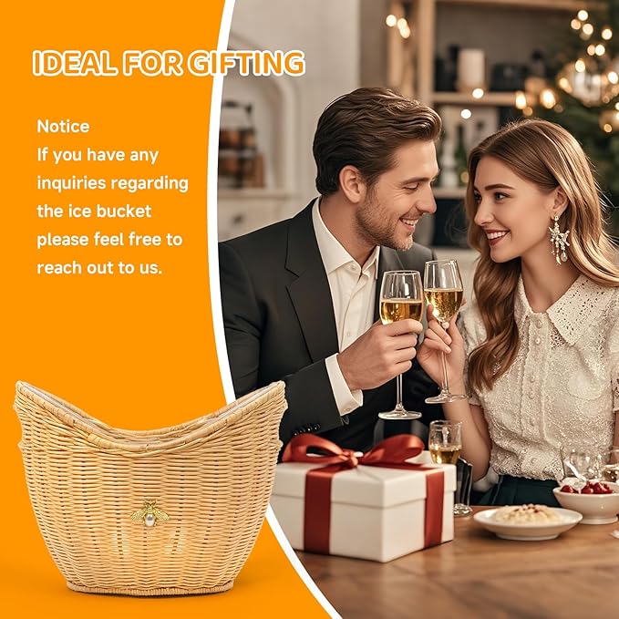Lexenic Ice Bucket with Handle Hole, Woven and Acrylic Double Layer Basket Design, 4L Champagne Wine Ice Bucket for Cocktail Bar, Parties, Picnics- Anti Frozen Hands Anti Water Leakage (Rattan)