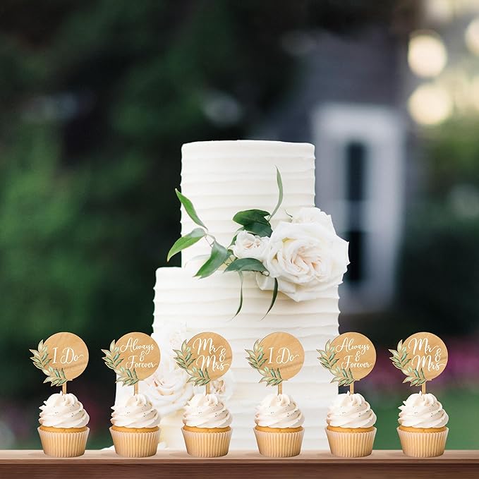 12 PCS Mr & Mrs Wedding Cupcake Toppers with Green Leaves Engagement Cake Decorations
