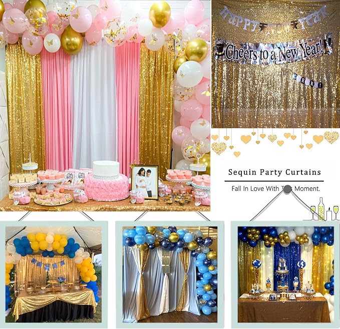 Gold Sequin Backdrop Curtains 4FT x 8FT 2 Panels Glitter Curtain Backdrop Sparkly Photography Background Drapes for Wedding Bridal Shower Christmas Festival Birthday
