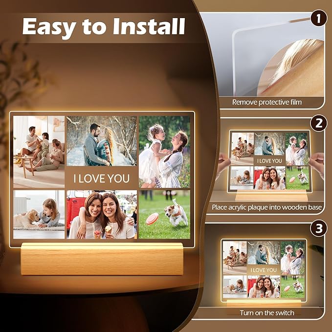Custom Picture Frames with Photo, Personalized Photo Frame with Night Light, Customized Picture Frames, Personalized Anniversary Birthday Gifts for Women Men Her Him Girlfriend Boyfriend Couple