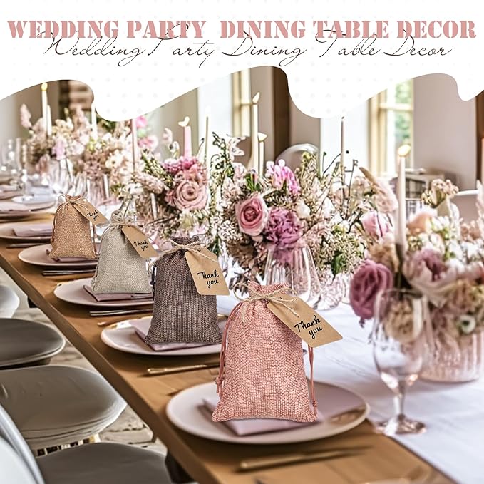 Woanger 100 Pcs Burlap Gift Bags with 100 Pcs Kraft Paper Gift Tags Drawstring Favor Bulk Burlap Sack Bags for DIY Wedding Party Craft(4 x 6 Inch,Beige, Medium Brown, Dark Brown, Gray Pink)