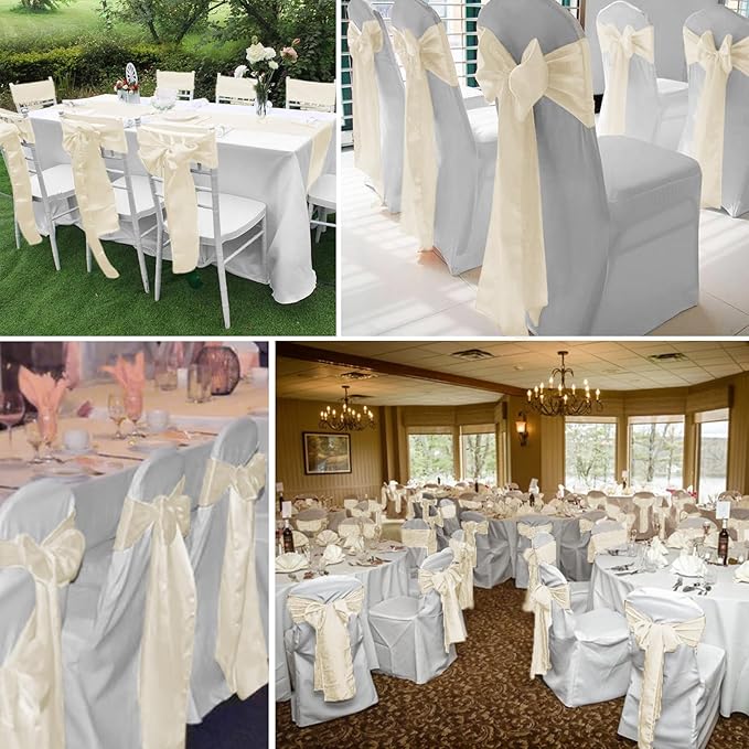 fani 120 PCS Ivory Satin Chair Sashes Bows Universal Chair Cover for Wedding Reception Restaurant Event Decoration Banquet,Party,Hotel Event Decorations (7 x 108 inch)