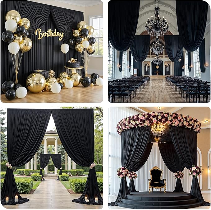 PartyVillage 30ft×15ft Black Backdrop Curtain for Halloween Parties, 6 Panels Wrinkle Free 15 FT Long Polyester Photo Backdrop Drapes Back Drop Cloth for Birthday Photography Background