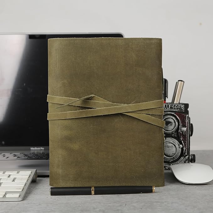 Handmade Leather Journal 7x5 Inch | Green Vintage Notebook with Unlined Pages | Cotton Recycled Paper | Antique Travel Diary, Sketchbook, Writing Journal for Men & Women