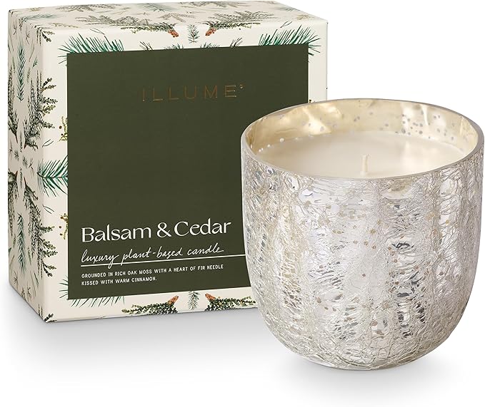 ILLUME Large Boxed Crackle Glass Candle, Balsam & Cedar
