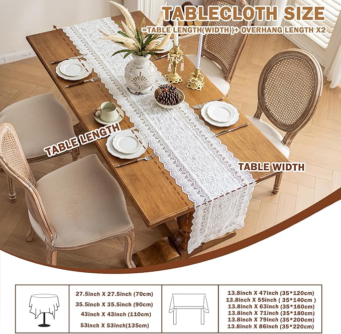 White Elegant Vintage Lace Table Runner,Wedding Lace Decor with Floral Embroidery,Tea Party Decor (White, 13.8X71 Inches)