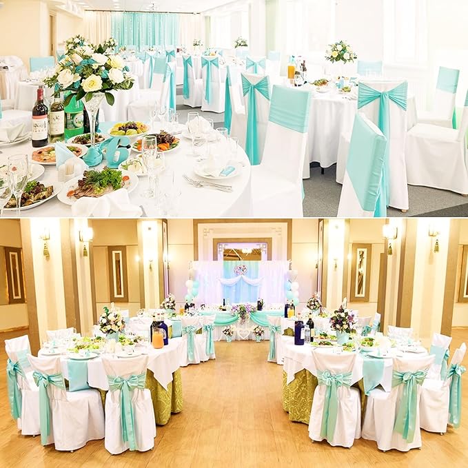100 PCS Satin Chair Sashes Decorative Bow Chair Sashes Ties Back Ribbon Bow Chairs Cover Band for Wedding Birthday Party Ceremony Reception Event Banquet Hotel Home Kitchen Fall Decor(7 x108inch,Aqua)