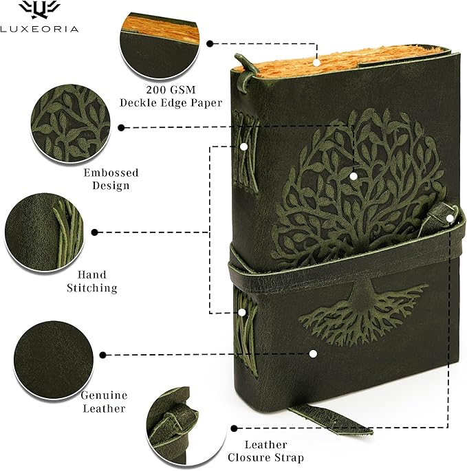LUXEORIA Tree Of Life Leather Journal for Women and Men, Handcrafted Leather Journal for Writing Womens, Sketchbook, Travel Diary with Unlined Deckle Paper, Dark Green 6x8