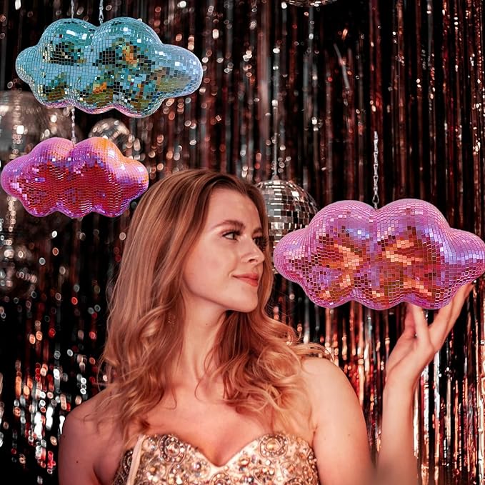 Pink Disco Ball Cloud Shaped, Hanging Disco Decor for Party,Room,Home, Retro Reflective Mirror Ball with Chain, Disco Ornaments, Design Patent