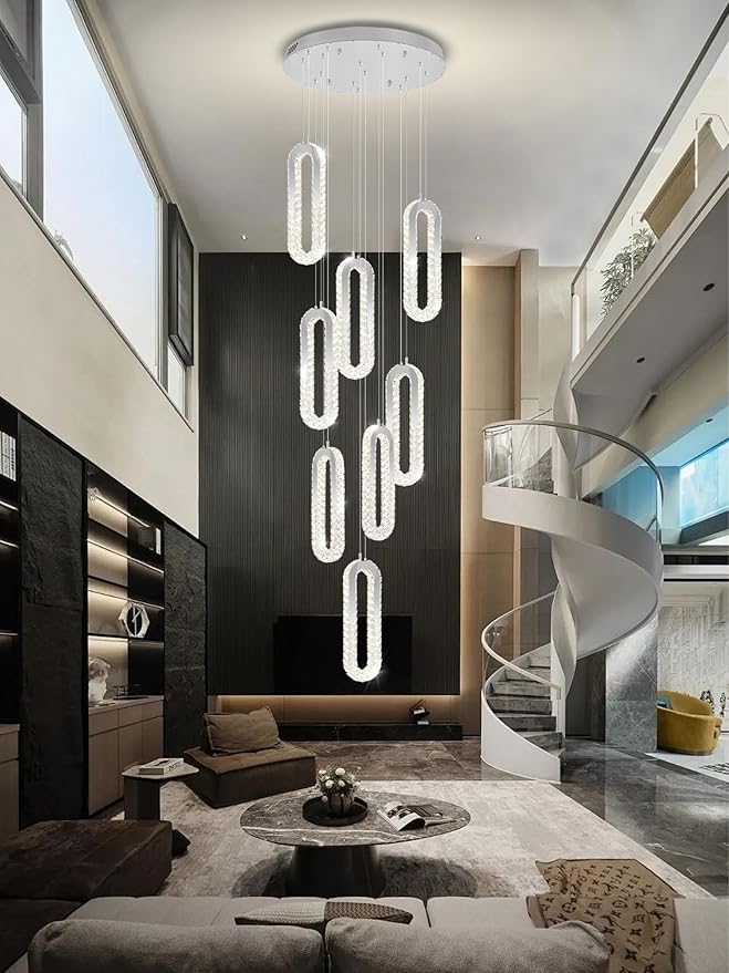 8 Rings Crystal Chandelier,H 118" Modern Silver Pendant Light Luxury Foyer Lighting Fixture High Ceiling Chandelier for Entryway,Staircase,Living Room,Villa LED Dimmable 2700K-6000K