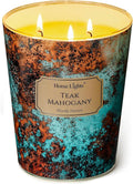 HomeLights Large jar Candle | 3-Wick Long-Lasting Scented Candles, 34oz Natural Soy Wax Candle for Home Scented, Industrial Chic Gifts for Women & Men, Teak Mahogany