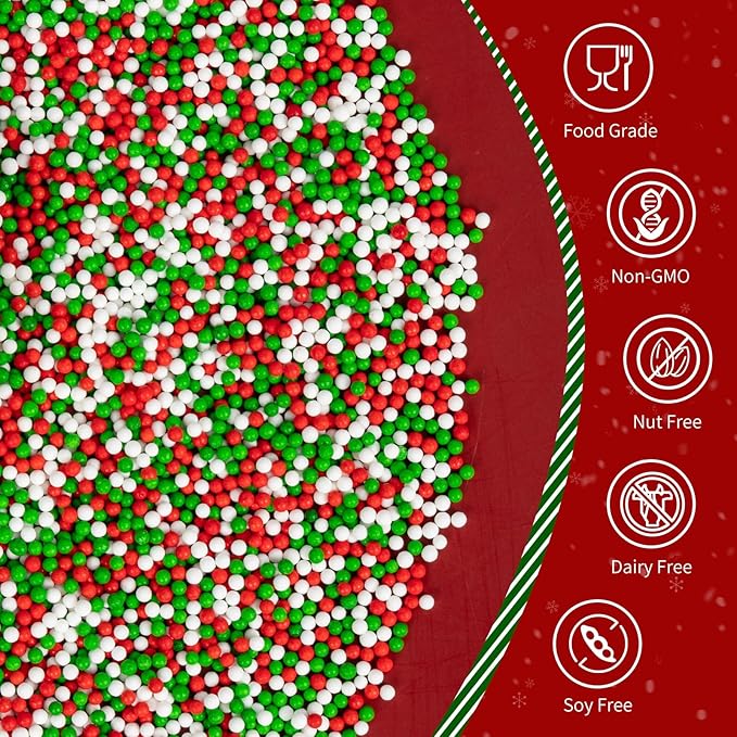 Christmas Nonpareils Sprinkles for Cake Decorating,130g White Red and Green Mini Pearls Mix,Edible Sugar Holiday sprinkle for Cupcake Toppers, Cookie, Ice Cream Decorations Christmas Party Supplies