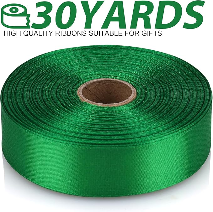 Green 7/8 Inch 60 Yards Satin Craft Ribbon - Single Face Polyester Ribbon for Handmade Roses, Gift Wrapping, Timeless Flower, Bouquets, Wedding and Party Decoration