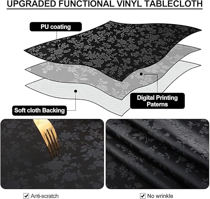 Smiry Rectangle Table Cloth, Waterproof Heavy Duty Vinyl Tablecloths, Wipeable Washable Table Cover for Kitchen and Dining Room (Black, 54" X 78")